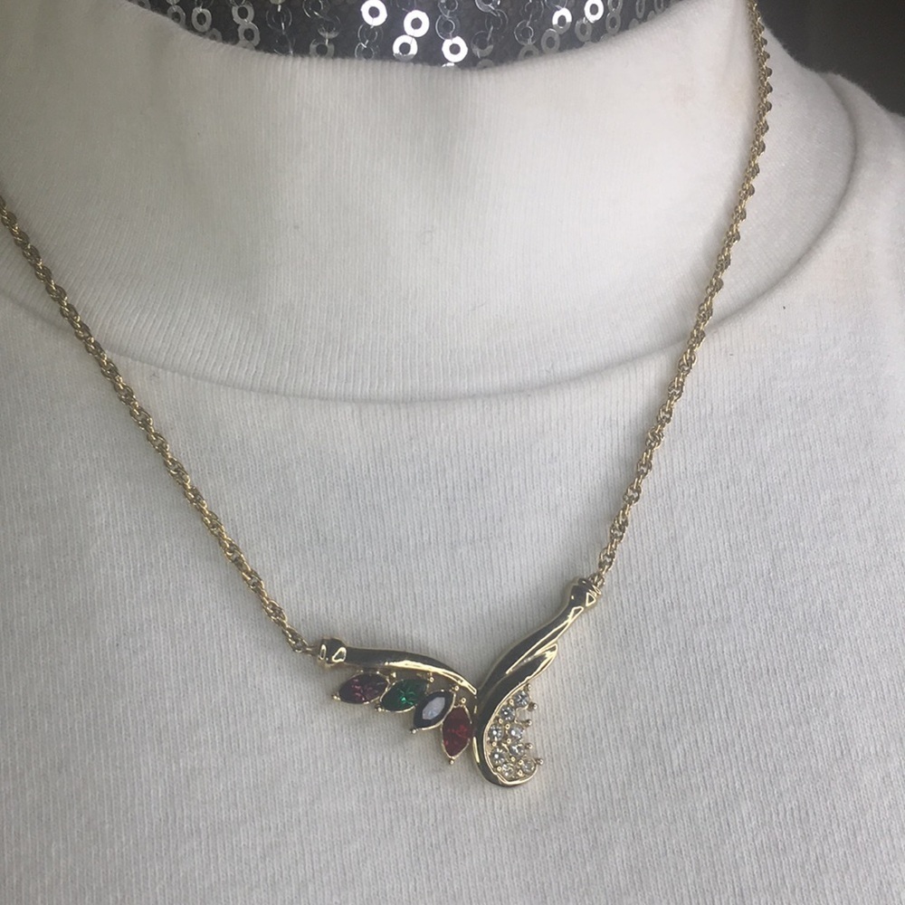 Vintage 90’s gold tone birthstone crystal necklace 17”